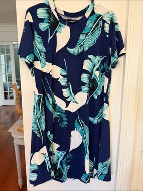 Women’s Navy Tropical Leaf Print Dress- Size L